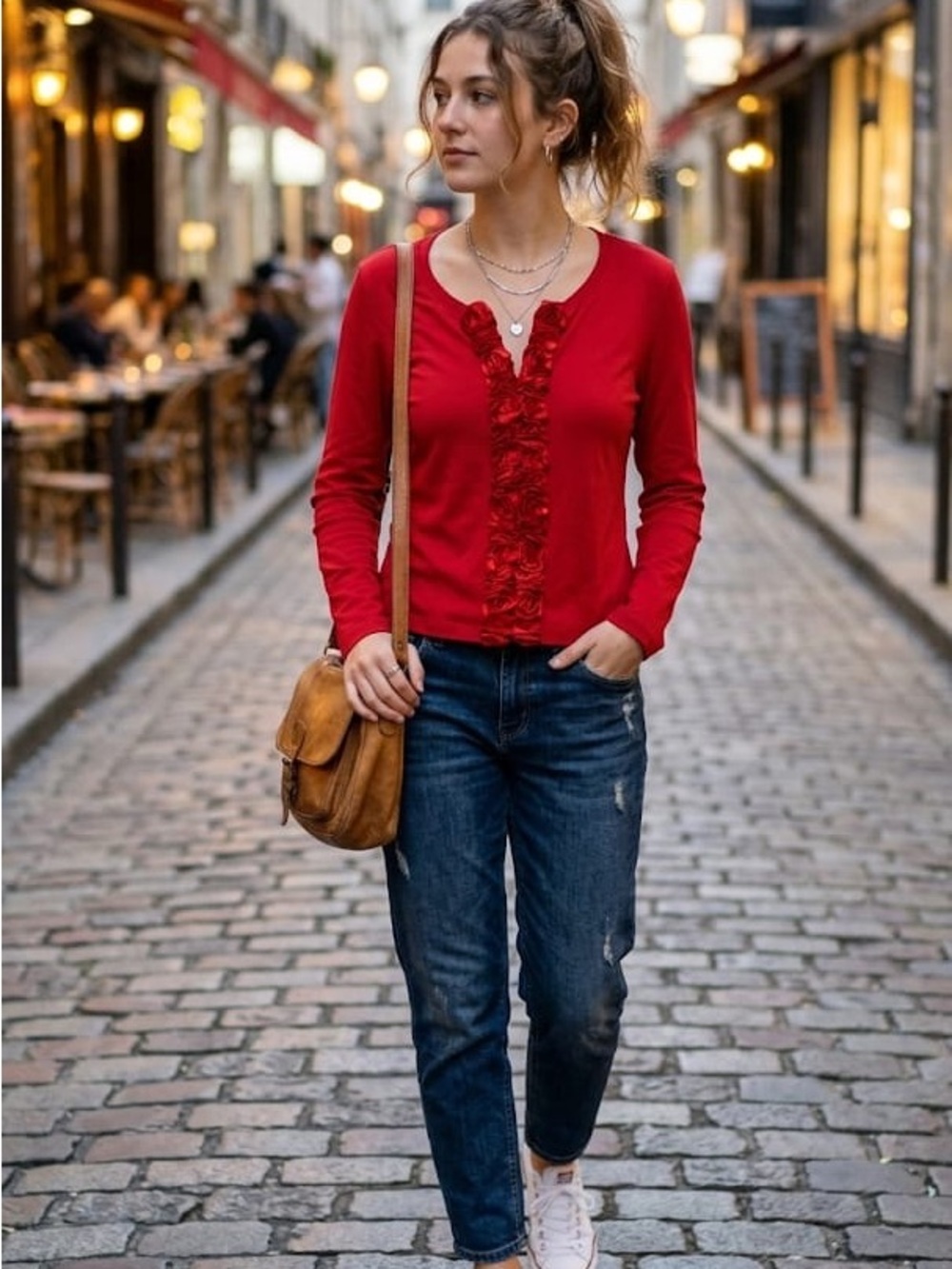 Rafaella Red Ruffle-Front Long Sleeve Top